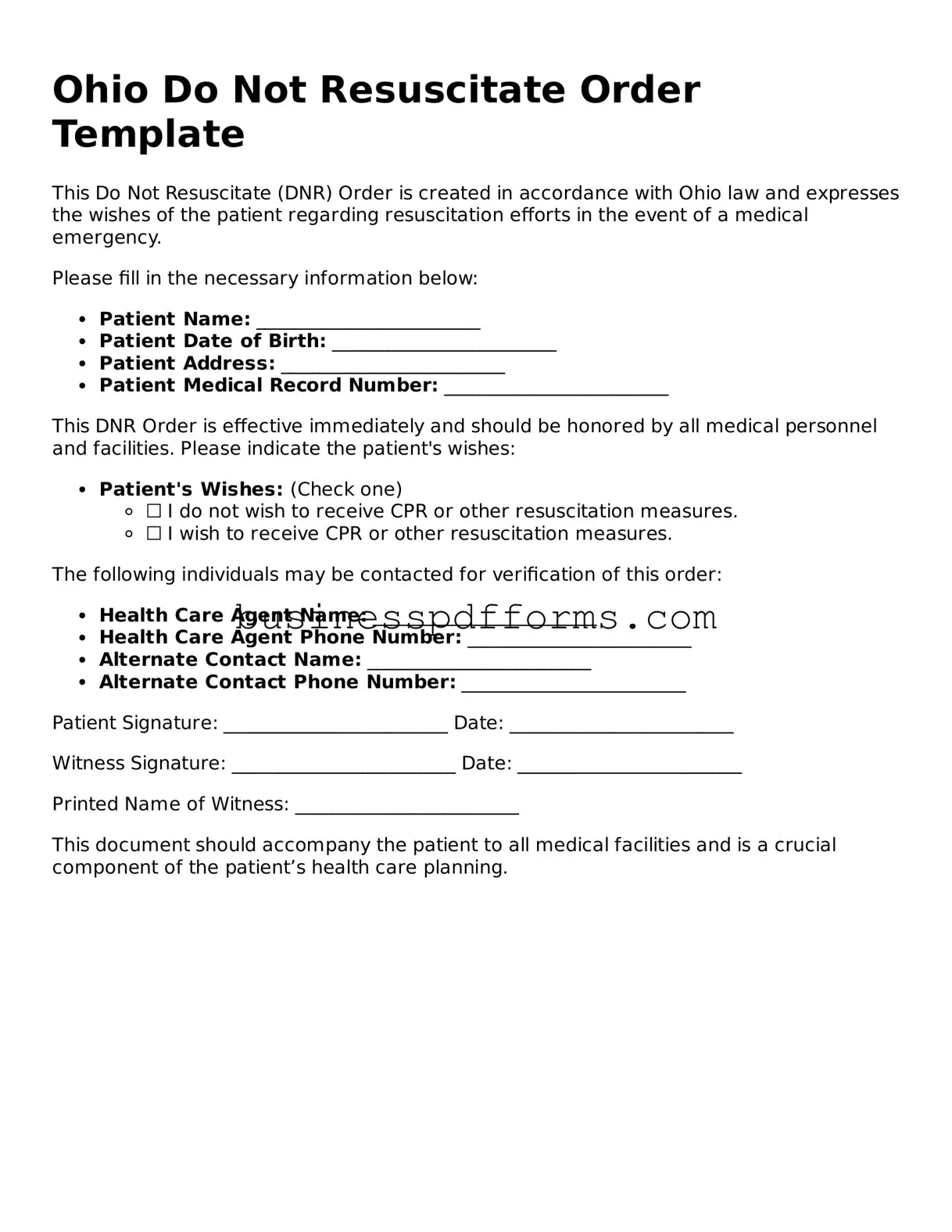 Free Ohio Do Not Resuscitate Order Template
