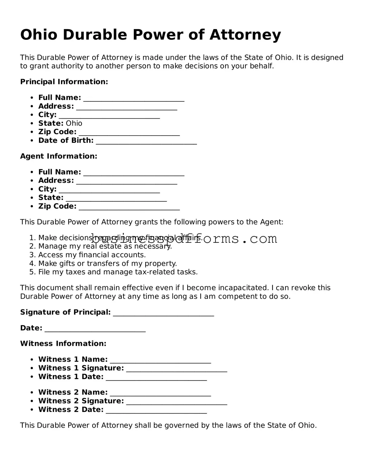 Free Ohio Durable Power of Attorney Template