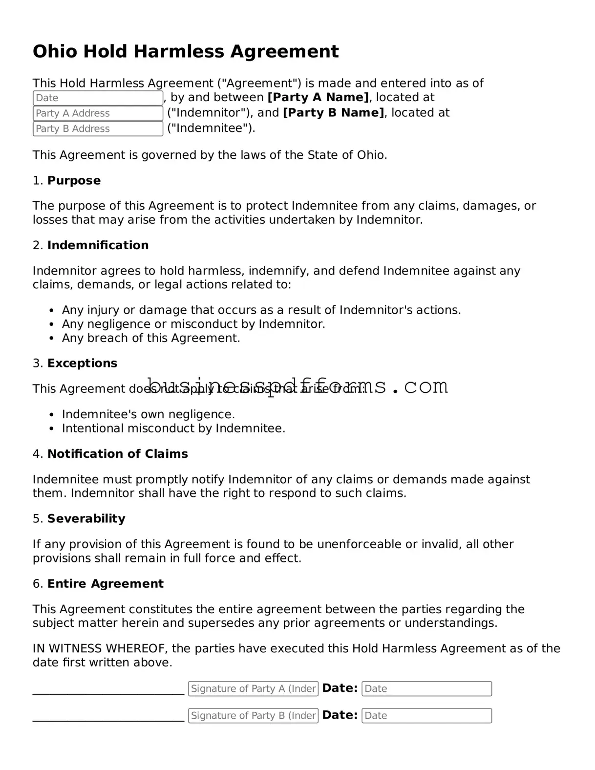 Free Ohio Hold Harmless Agreement Template