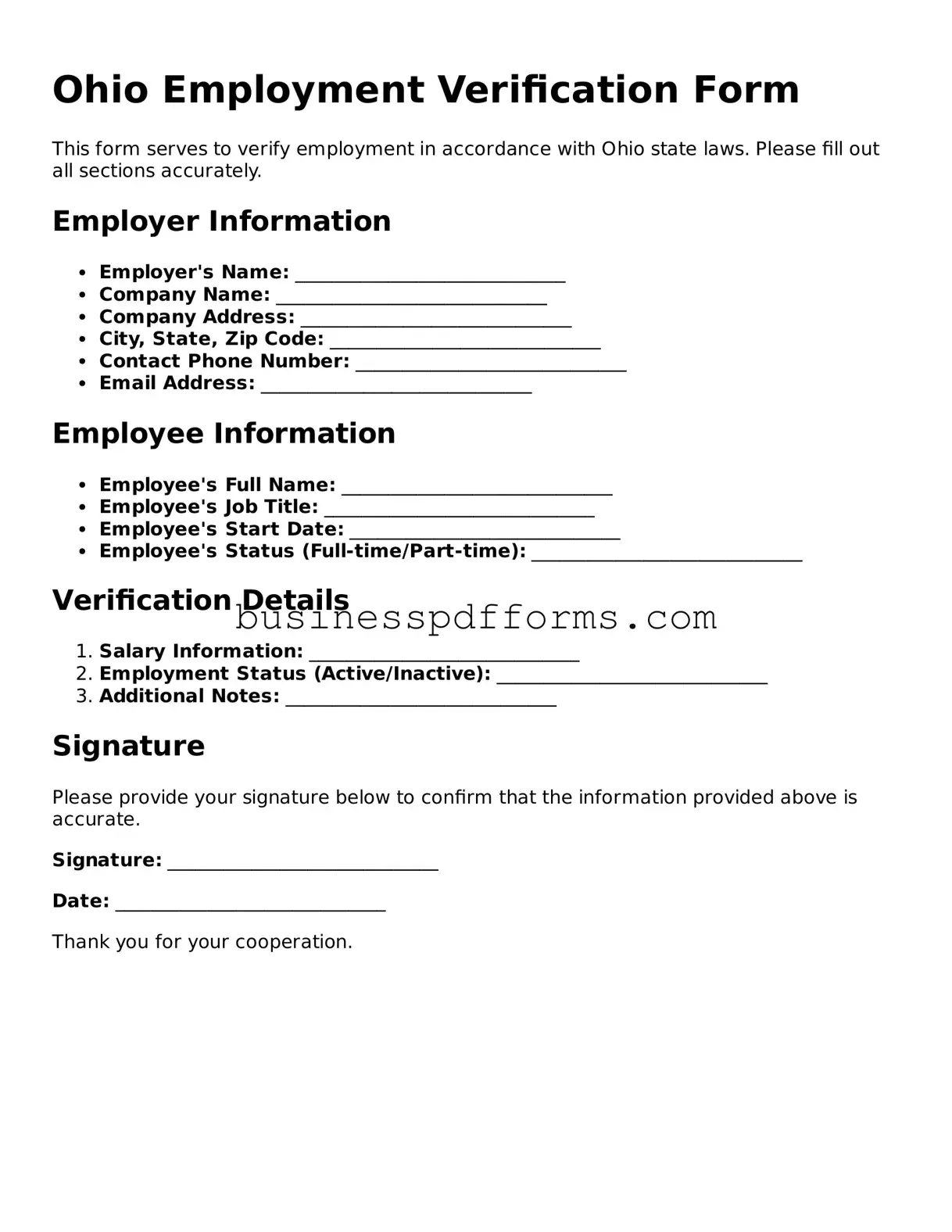 Free Ohio Employment Verification Template