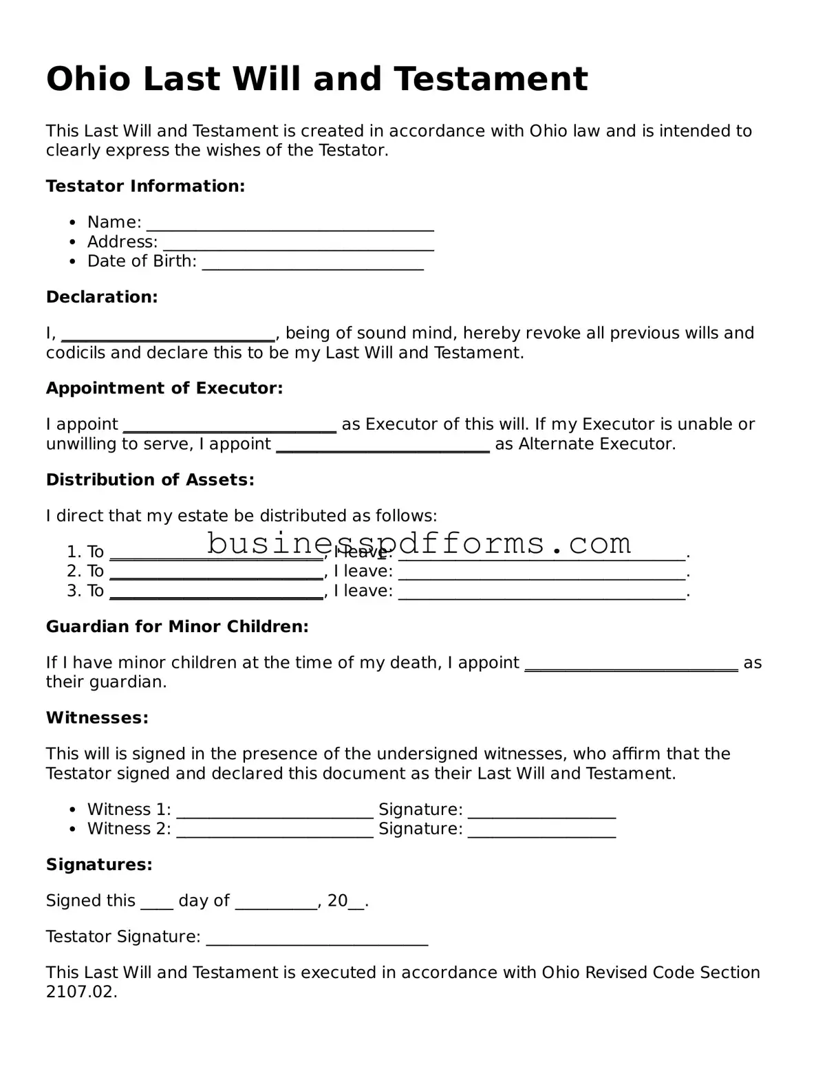 Free Ohio Last Will and Testament Template