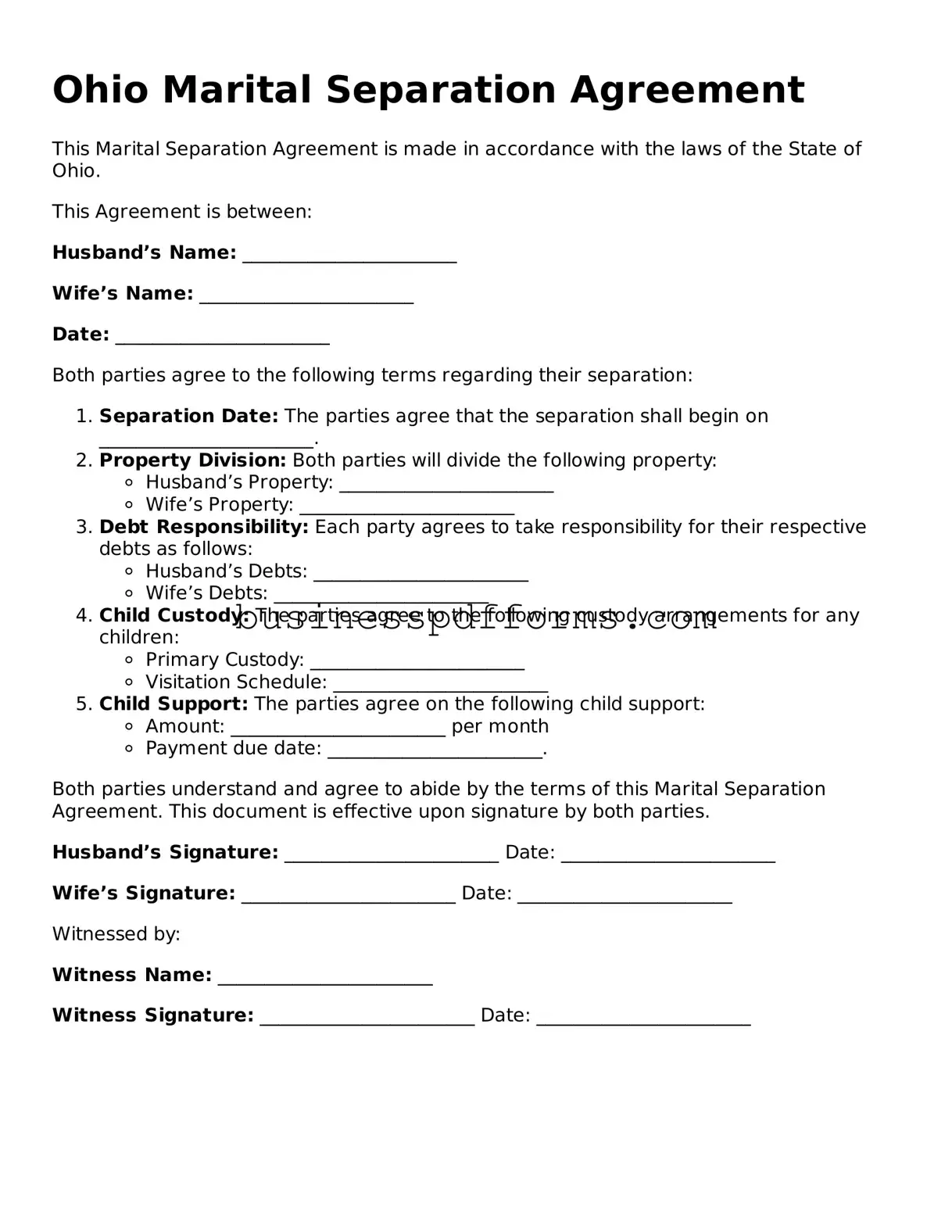 Free Ohio Marital Separation Agreement Template