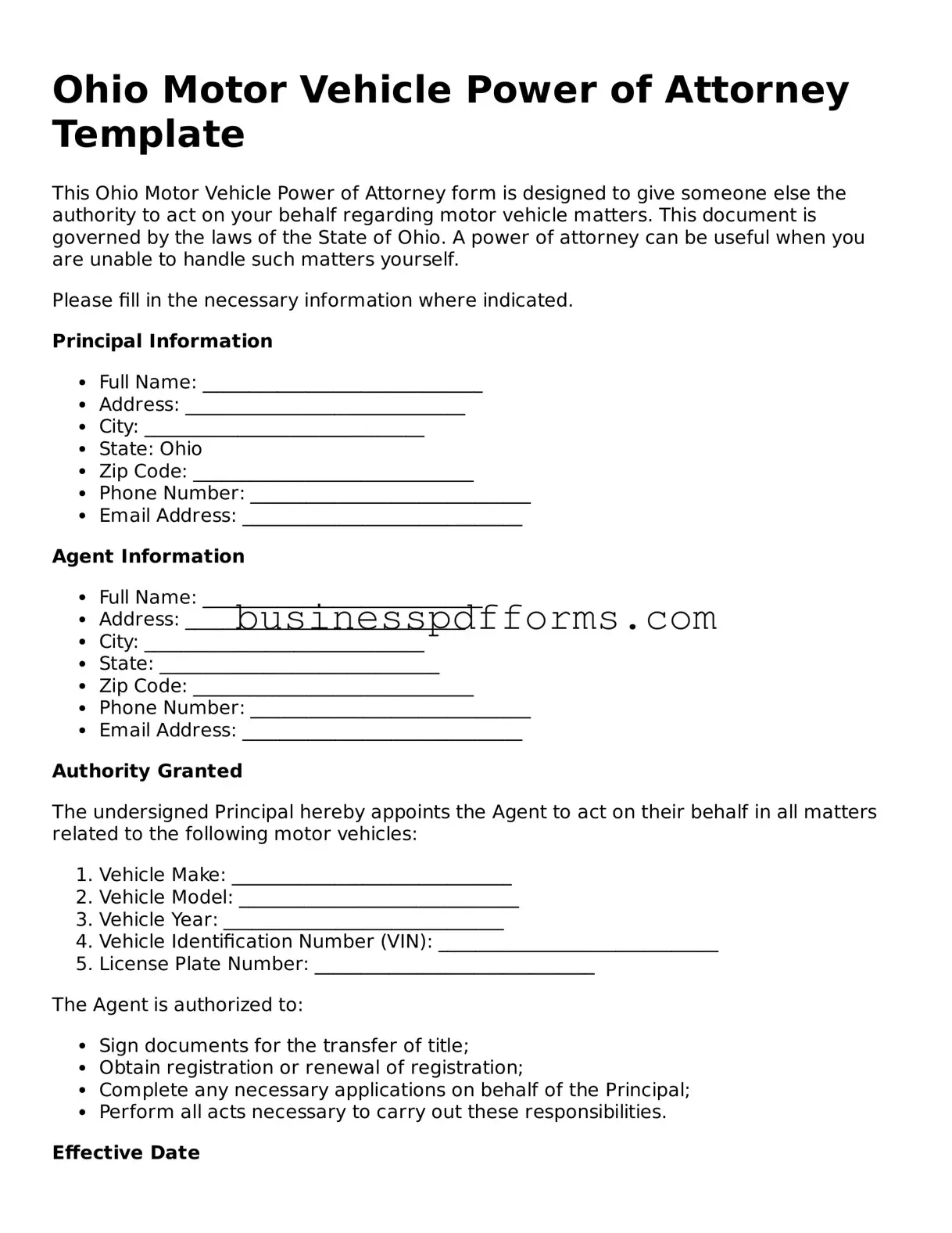 Free Ohio Motor Vehicle Power of Attorney Template