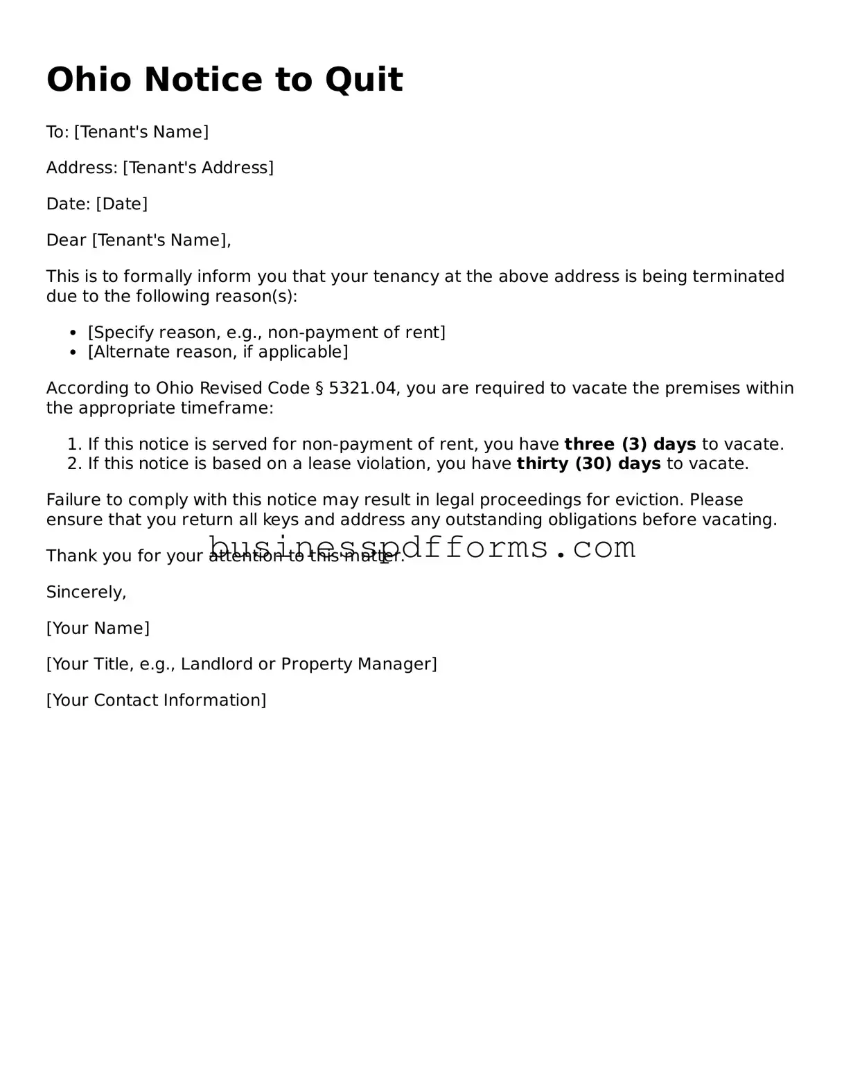 Free Ohio Notice to Quit Template
