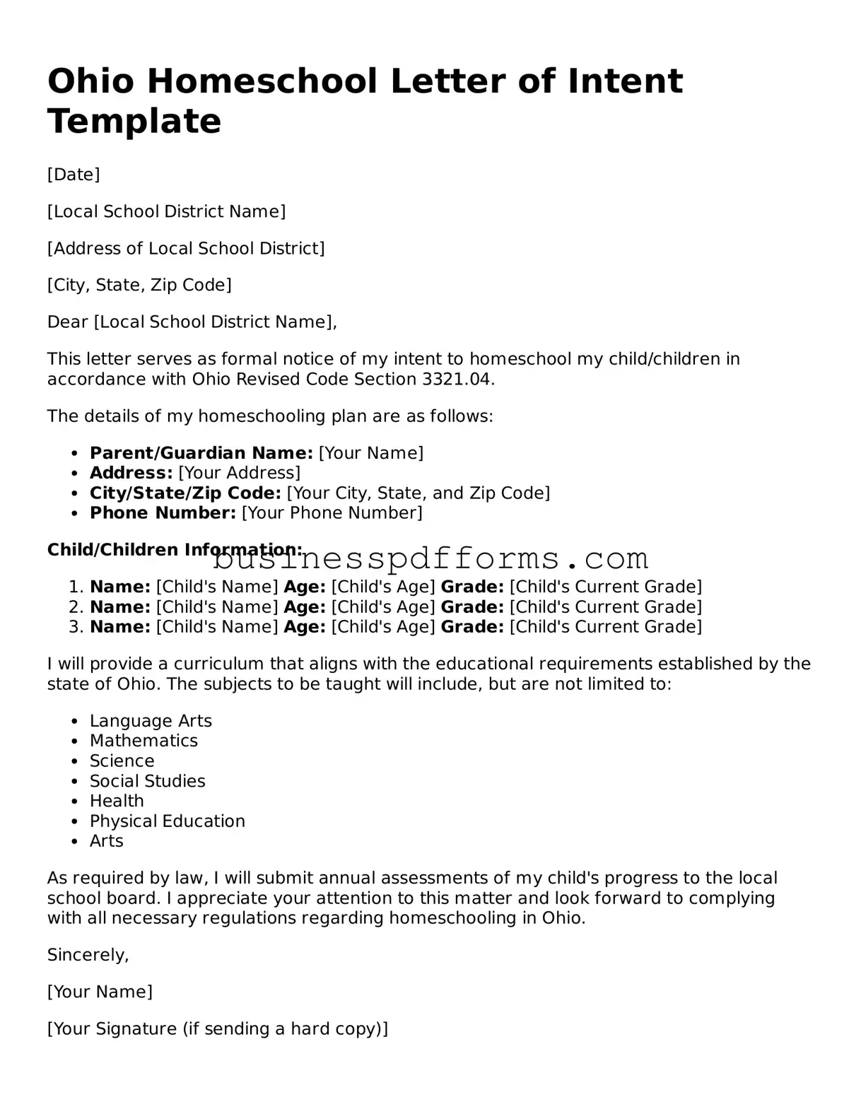 Free Ohio Homeschool Letter of Intent Template