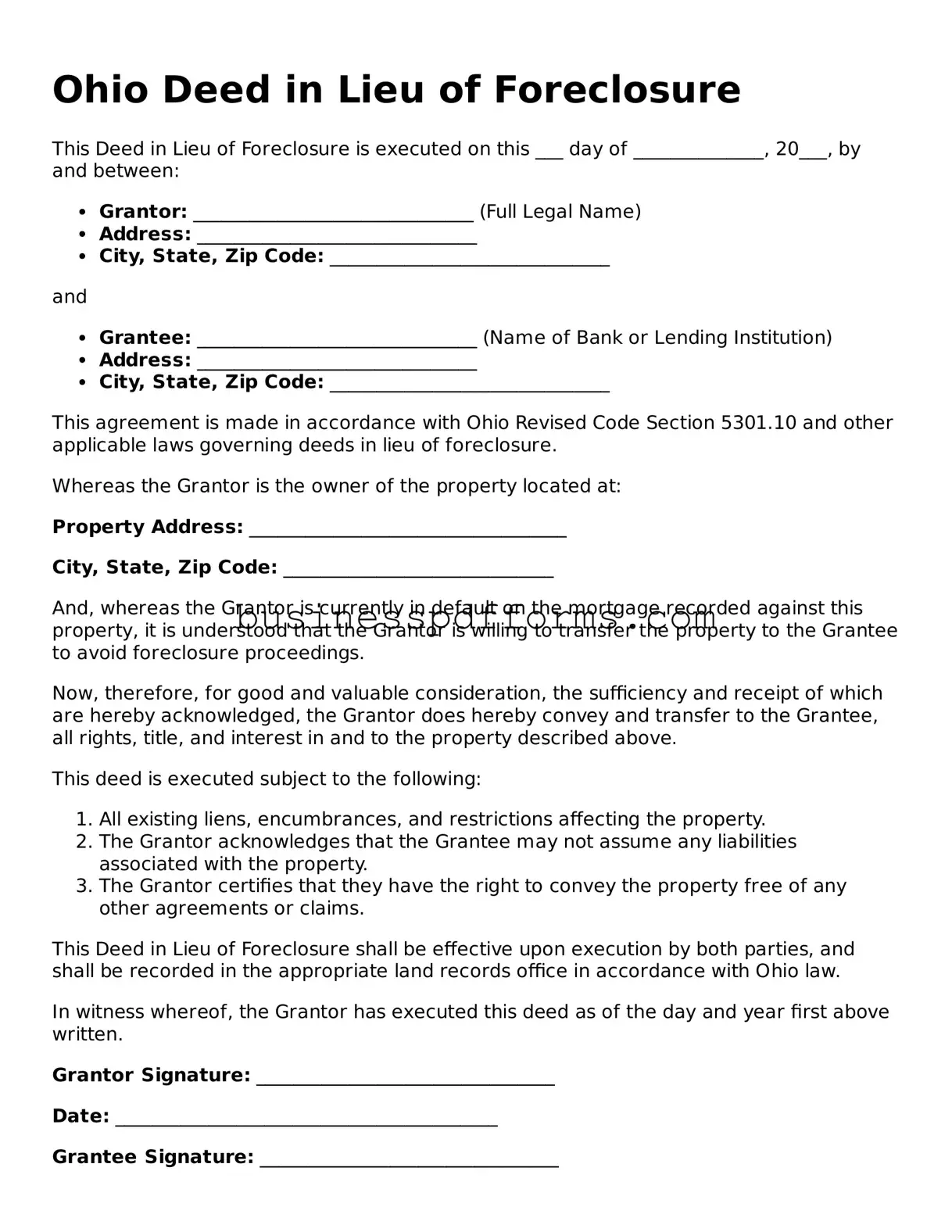 Free Ohio Deed in Lieu of Foreclosure Template
