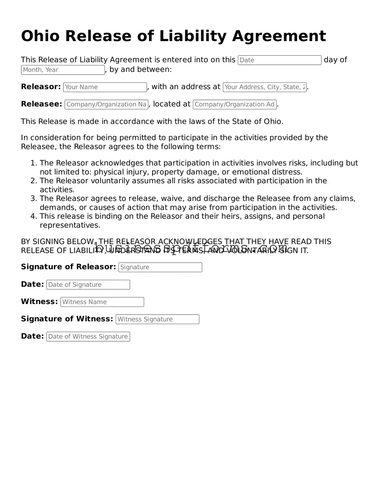 Free Ohio Release of Liability Template