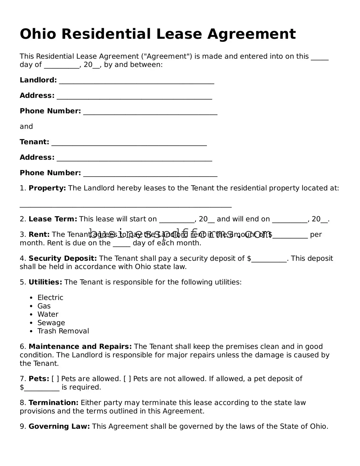 Free Ohio Residential Lease Agreement Template