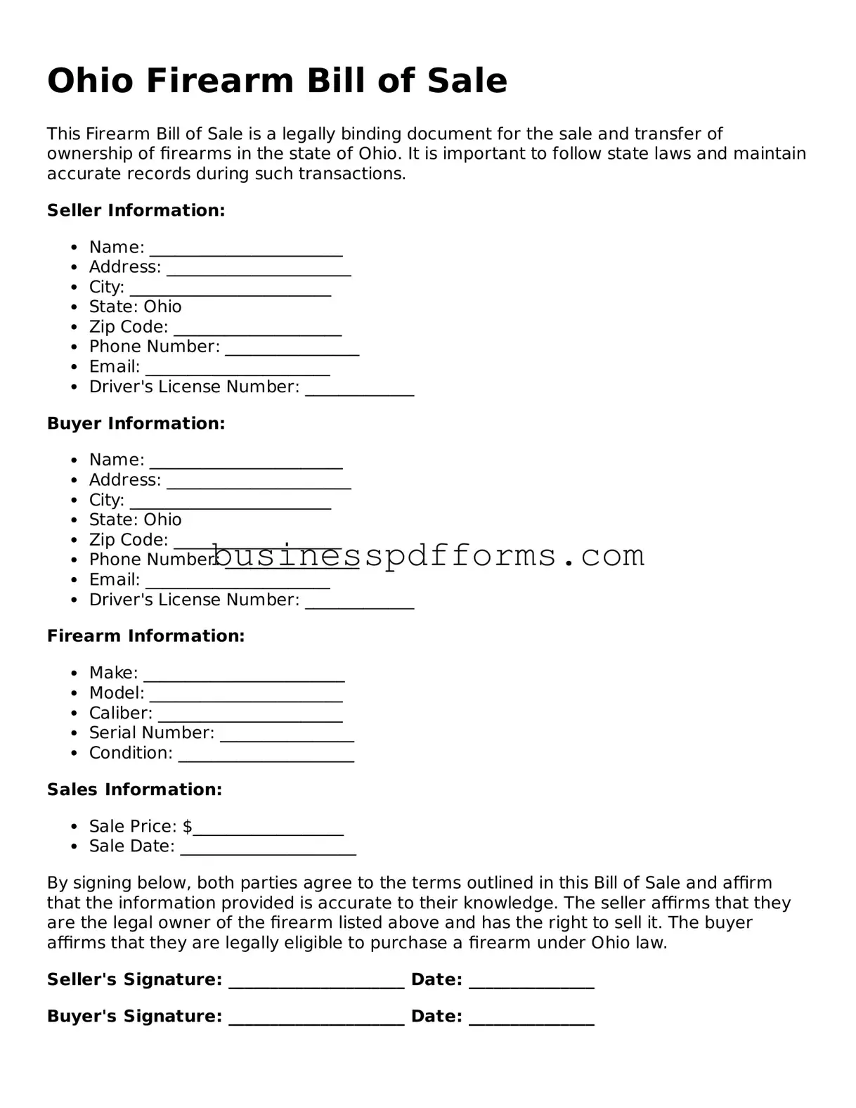 Free Ohio Firearm Bill of Sale Template