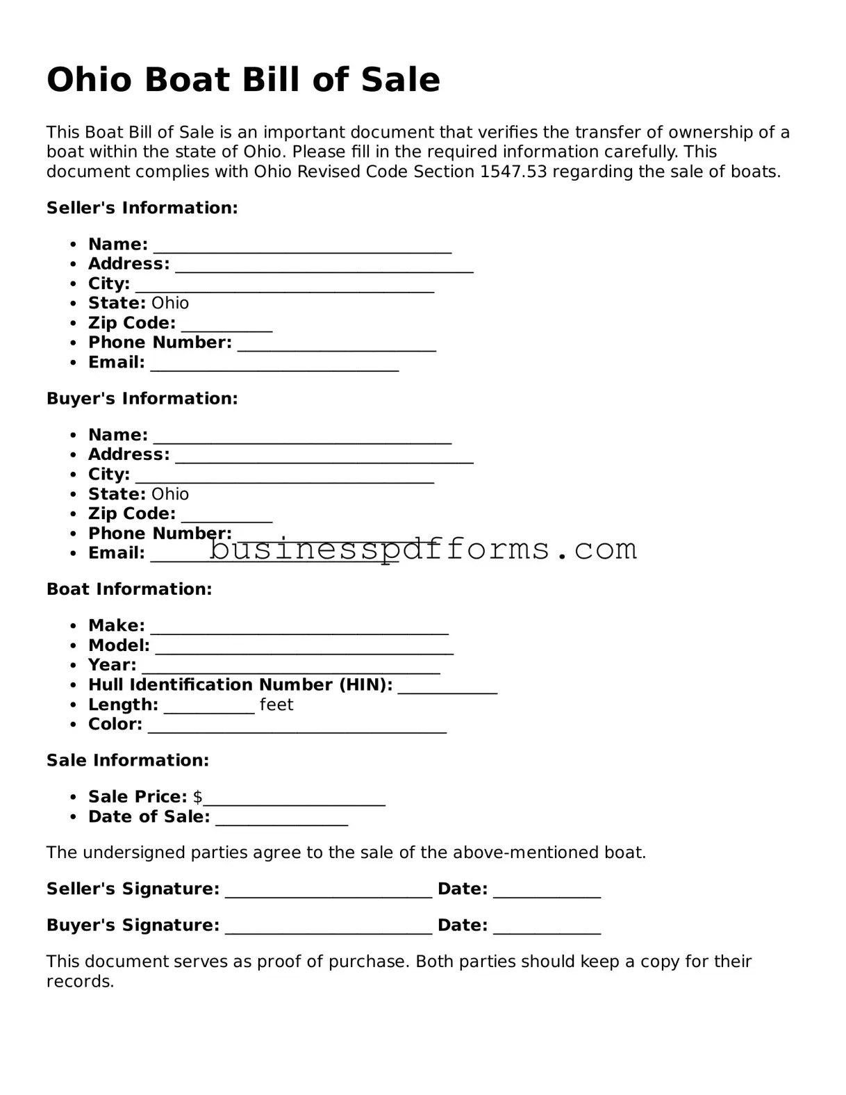 Free Ohio Boat Bill of Sale Template