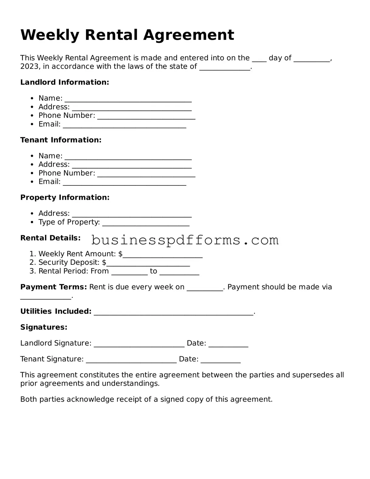 Attorney-Verified Weekly Rental Agreement Template