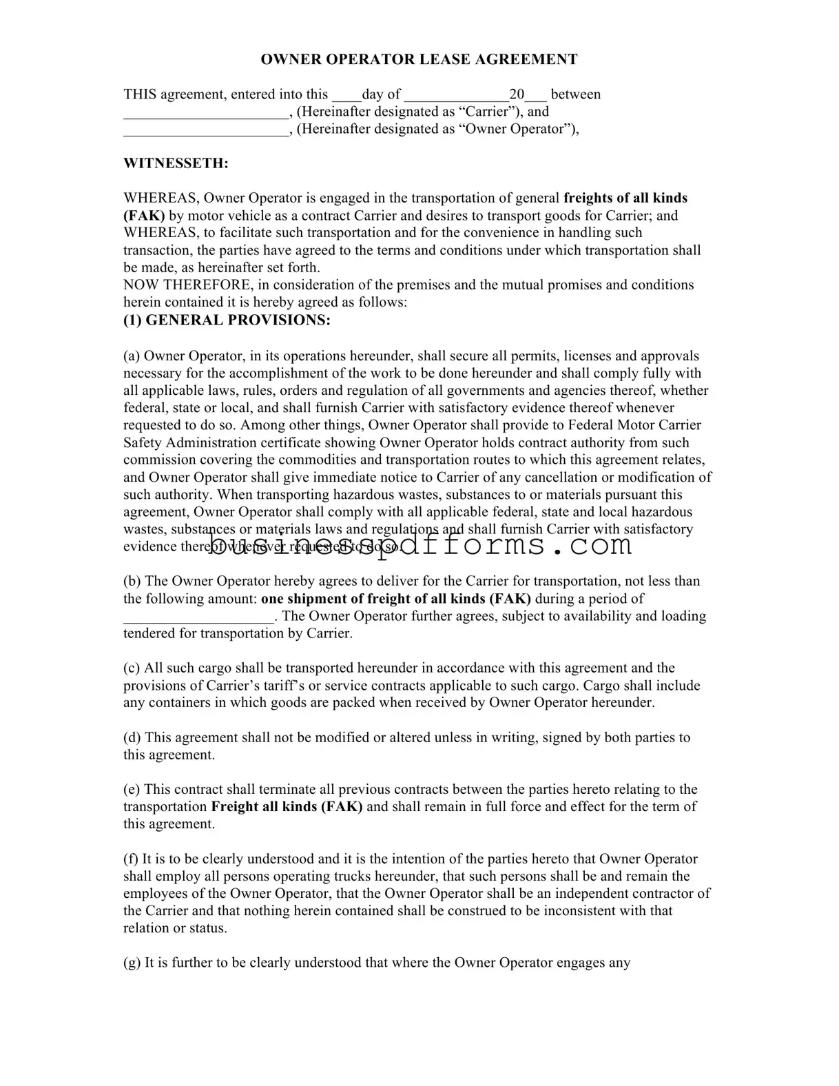 Fill in Your Owner Operator Lease Agreement Template