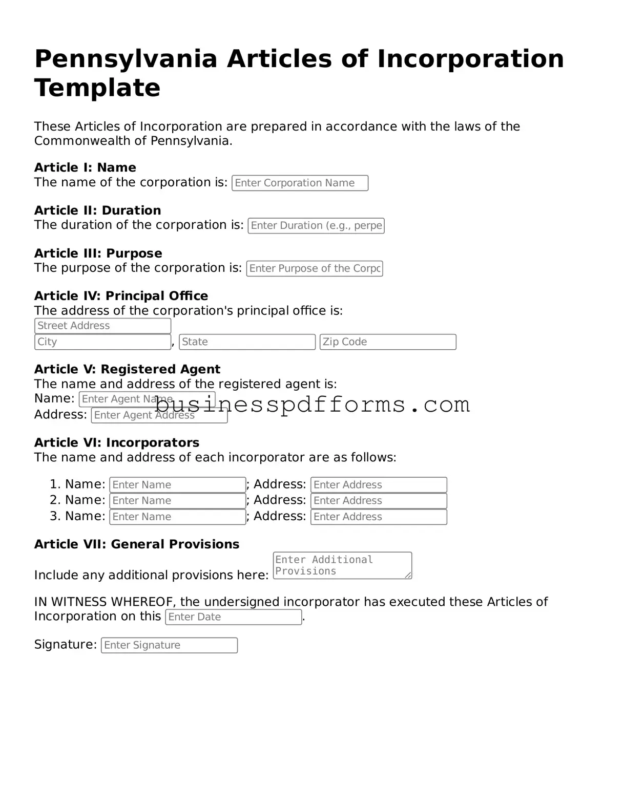 Free Pennsylvania Articles of Incorporation Template