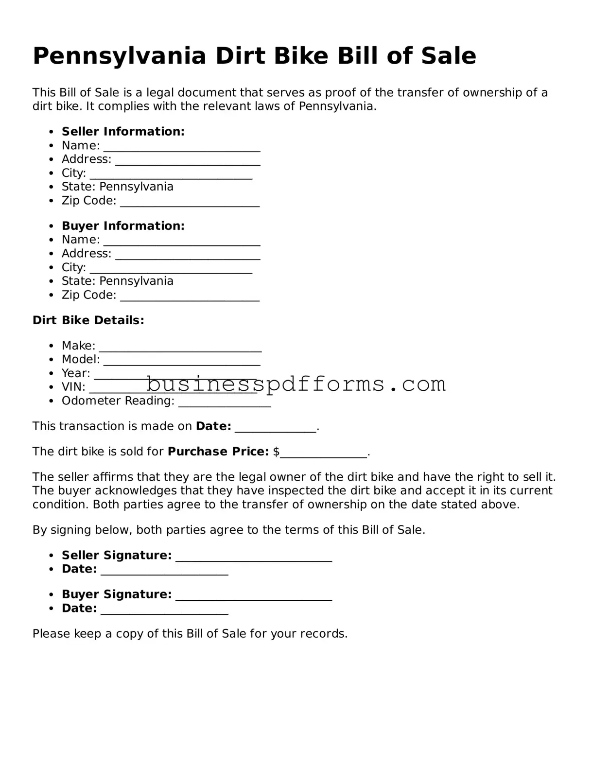 Free Pennsylvania Dirt Bike Bill of Sale Template