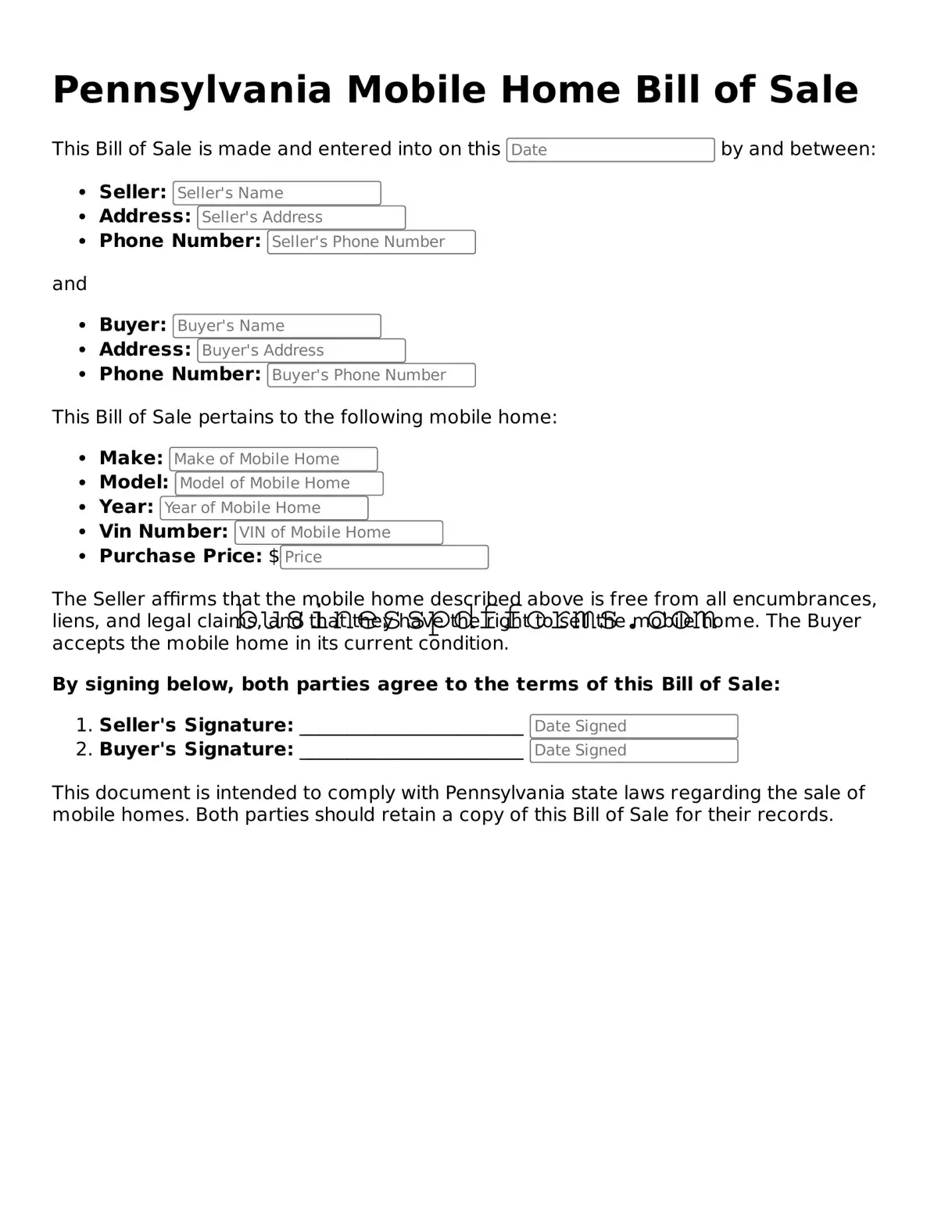 Free Pennsylvania Mobile Home Bill of Sale Template