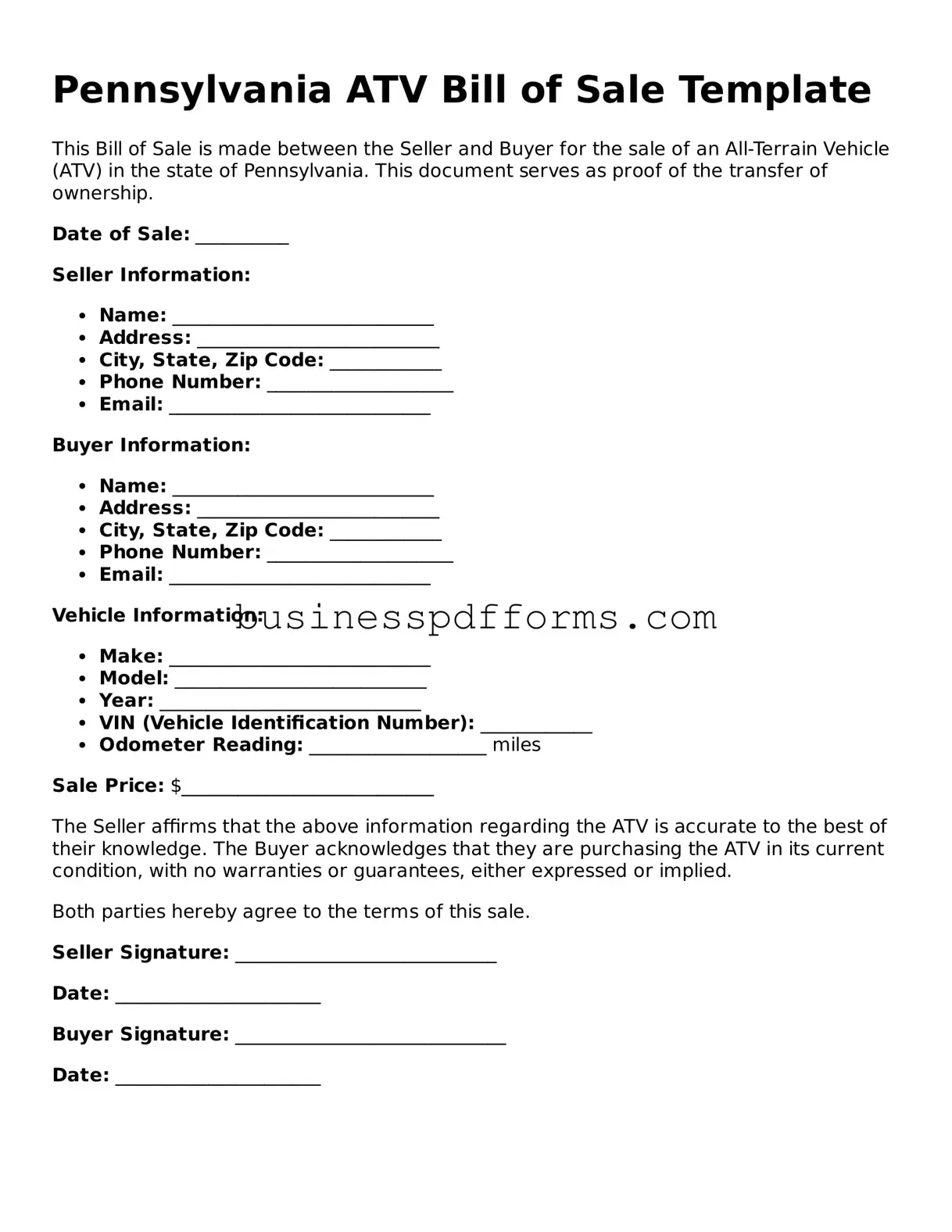Free Pennsylvania ATV Bill of Sale Template