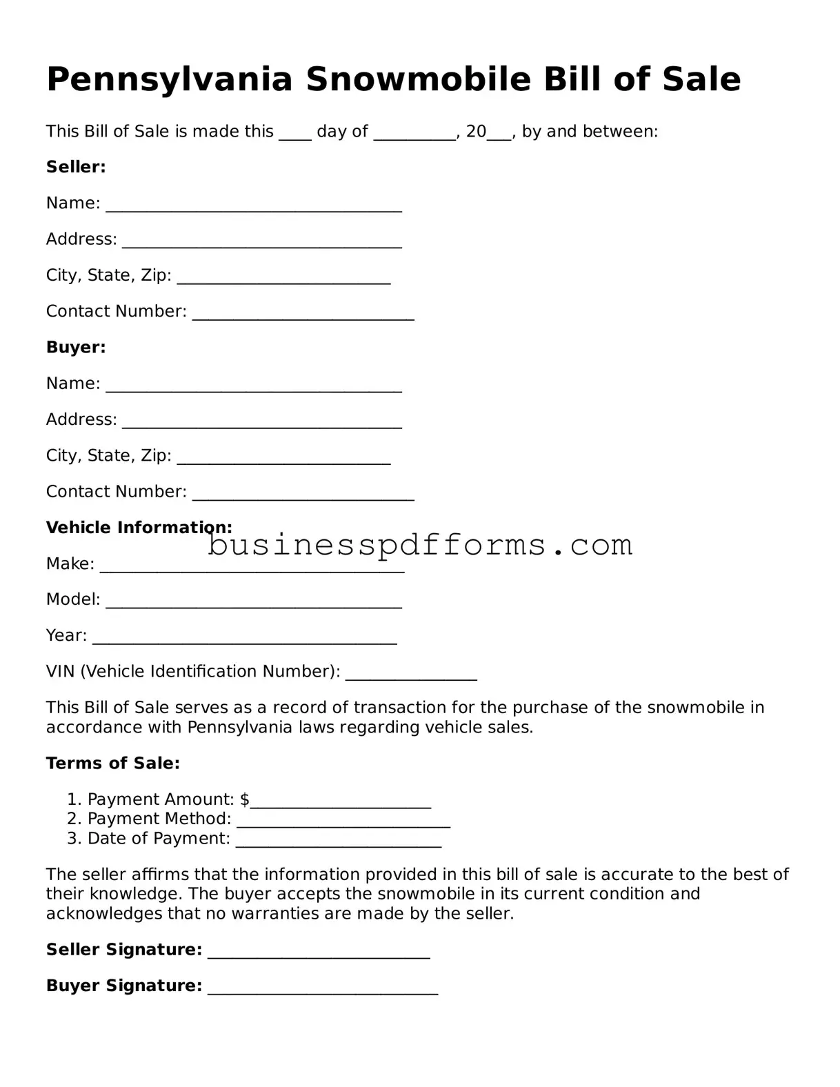Free Pennsylvania Snowmobile Bill of Sale Template