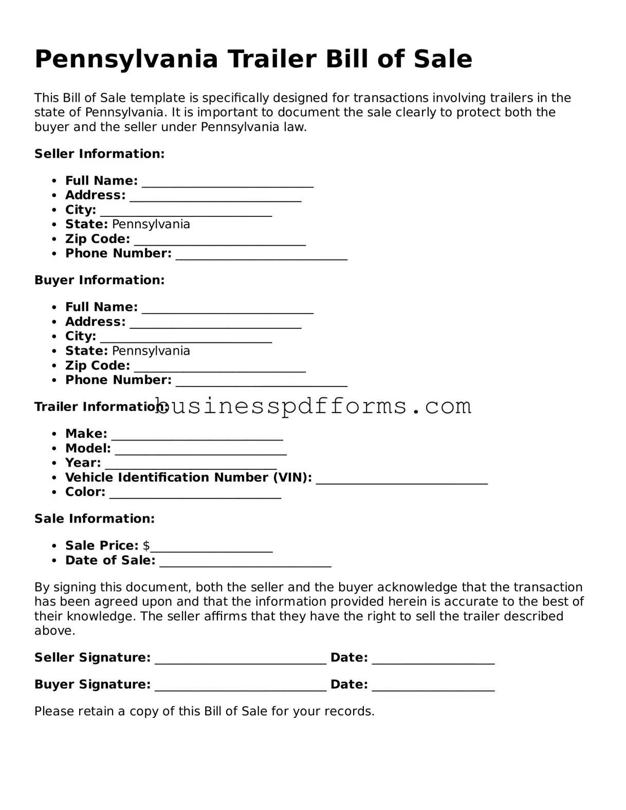 Free Pennsylvania Trailer Bill of Sale Template