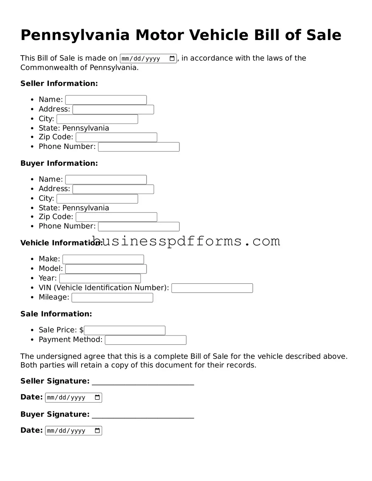 Free Pennsylvania Motor Vehicle Bill of Sale Template