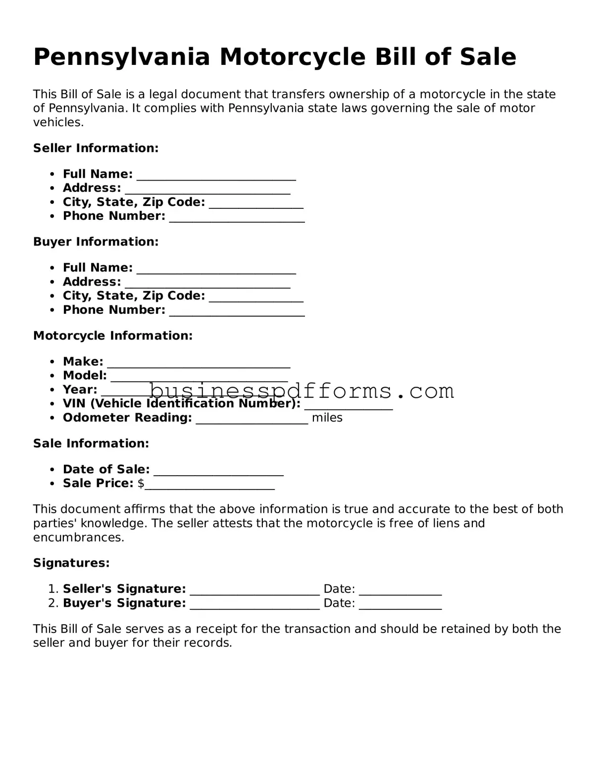 Free Pennsylvania Motorcycle Bill of Sale Template