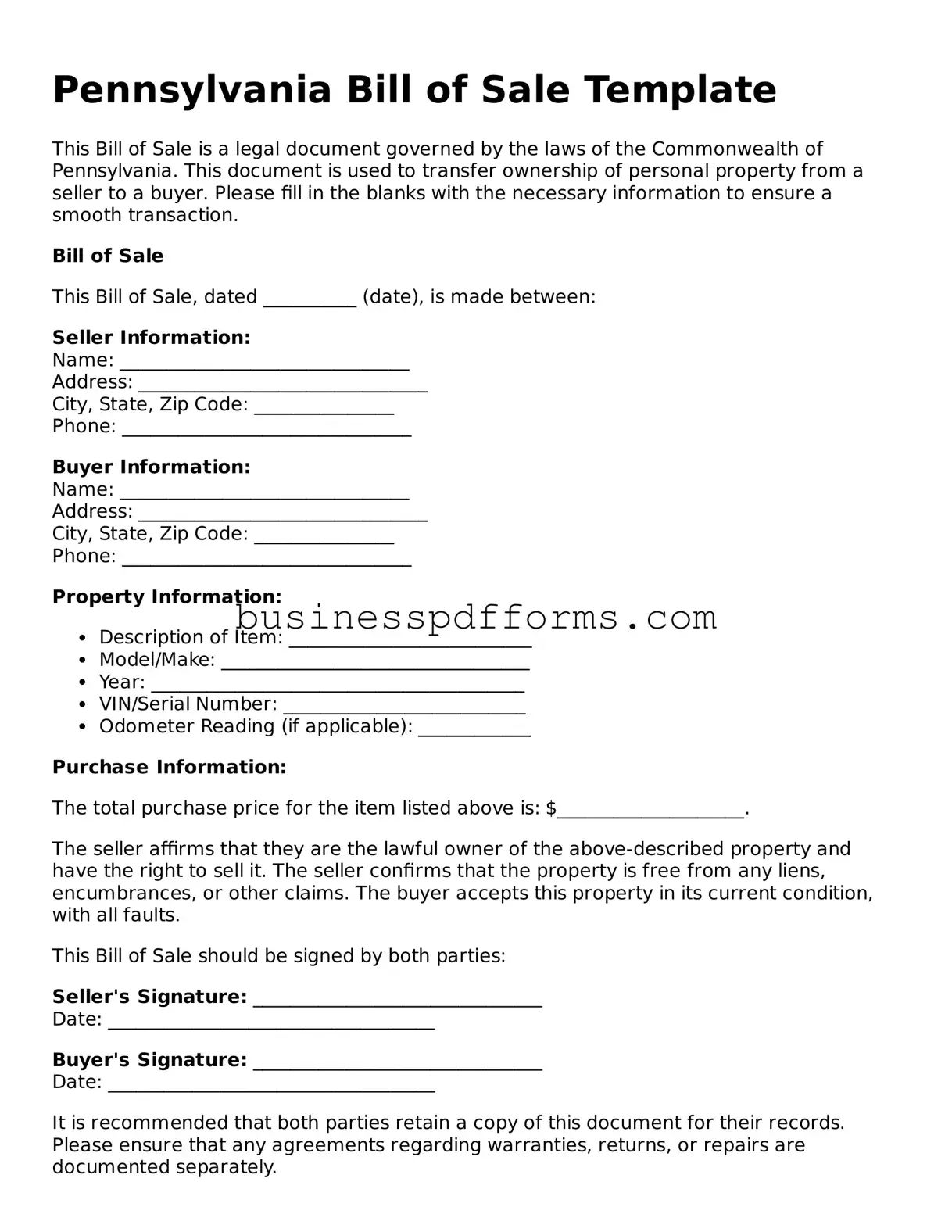 Free Pennsylvania Bill of Sale Template