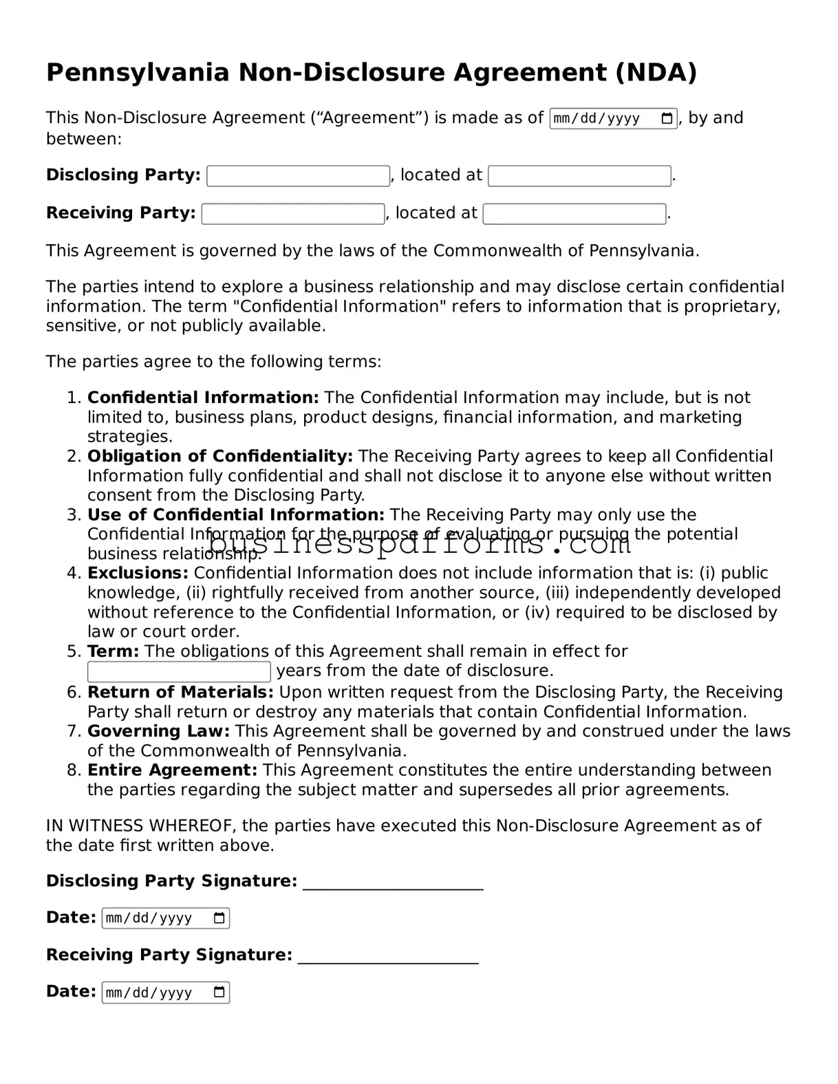 Free Pennsylvania Non-disclosure Agreement Template