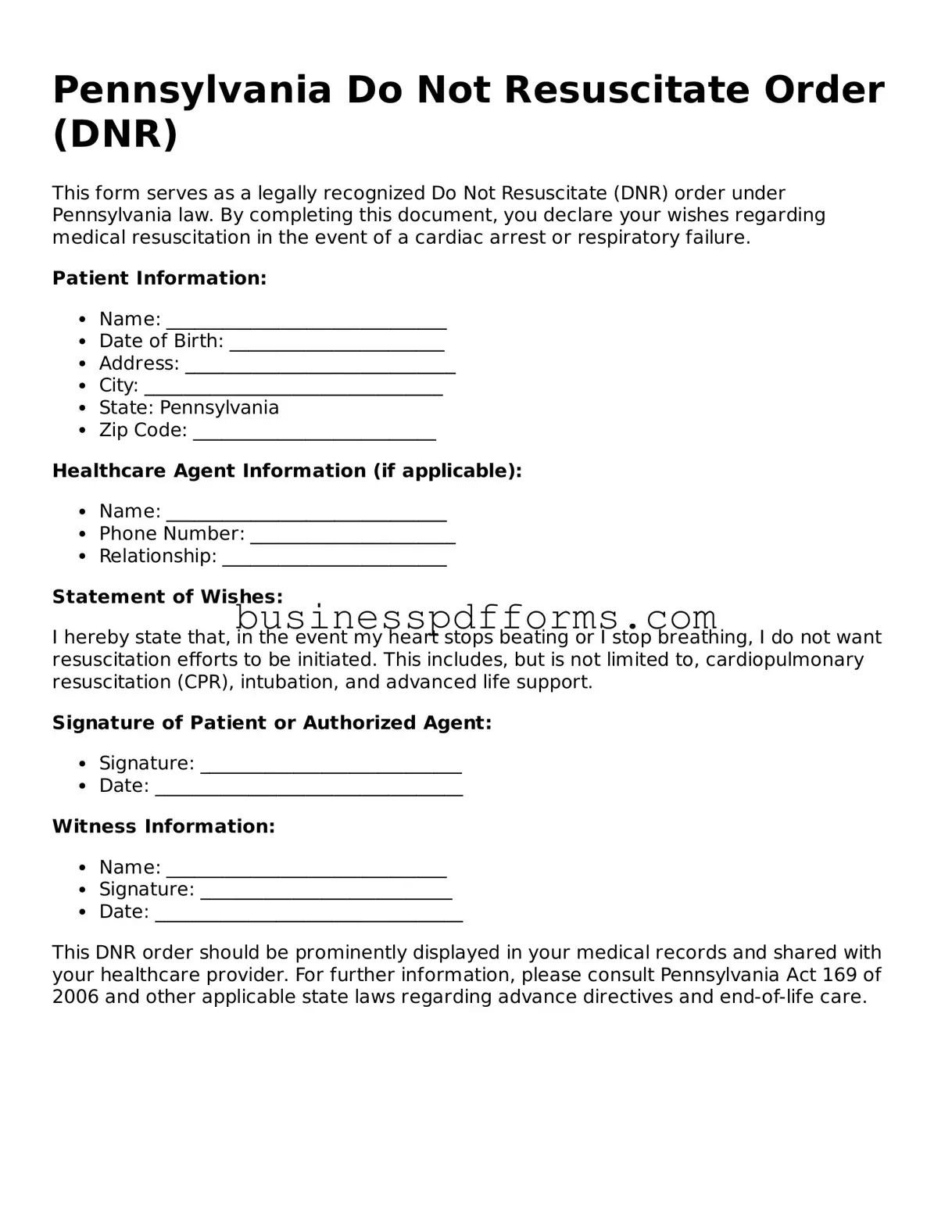 Free Pennsylvania Do Not Resuscitate Order Template
