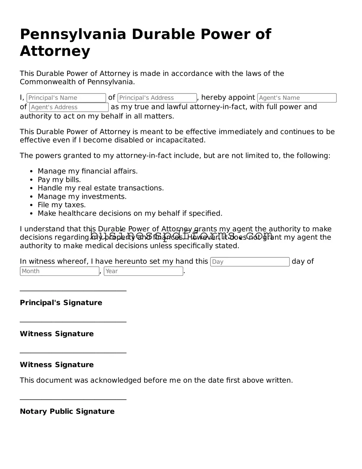 Free Pennsylvania Durable Power of Attorney Template