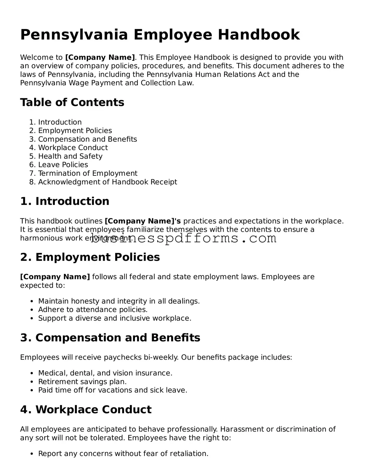 Free Pennsylvania Employee Handbook Template