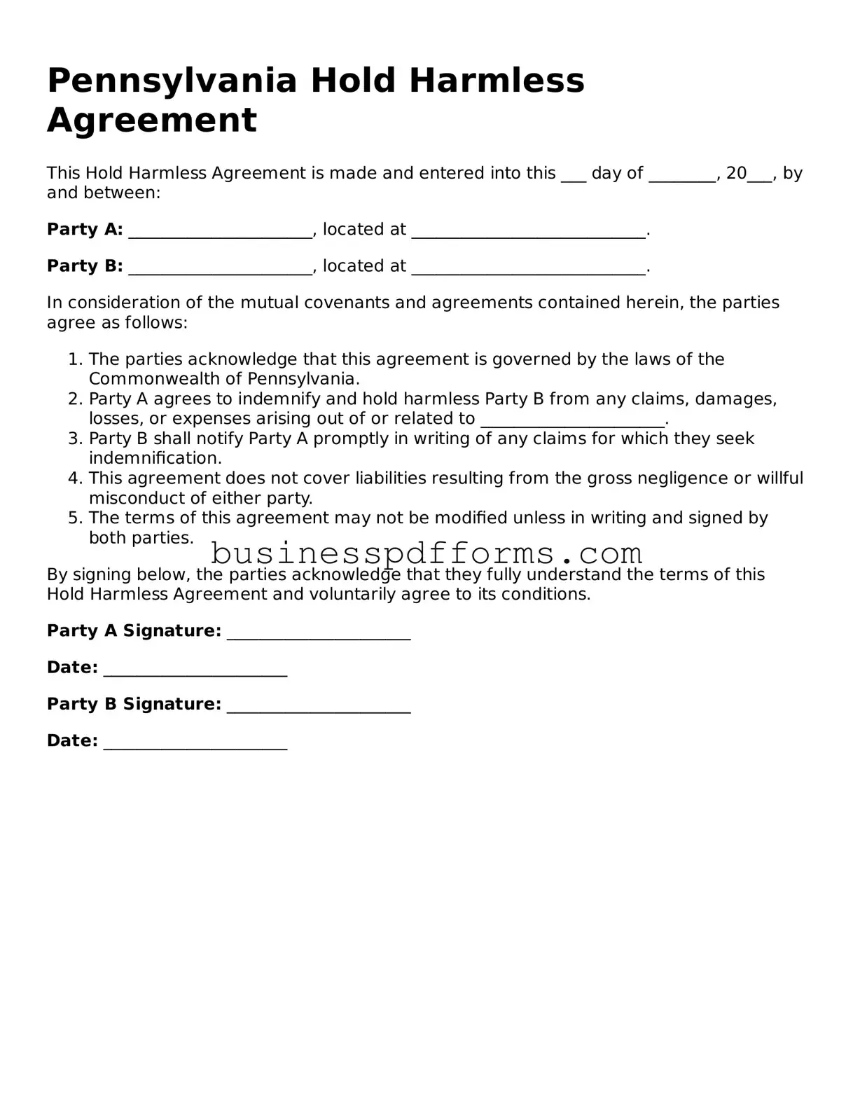 Free Pennsylvania Hold Harmless Agreement Template