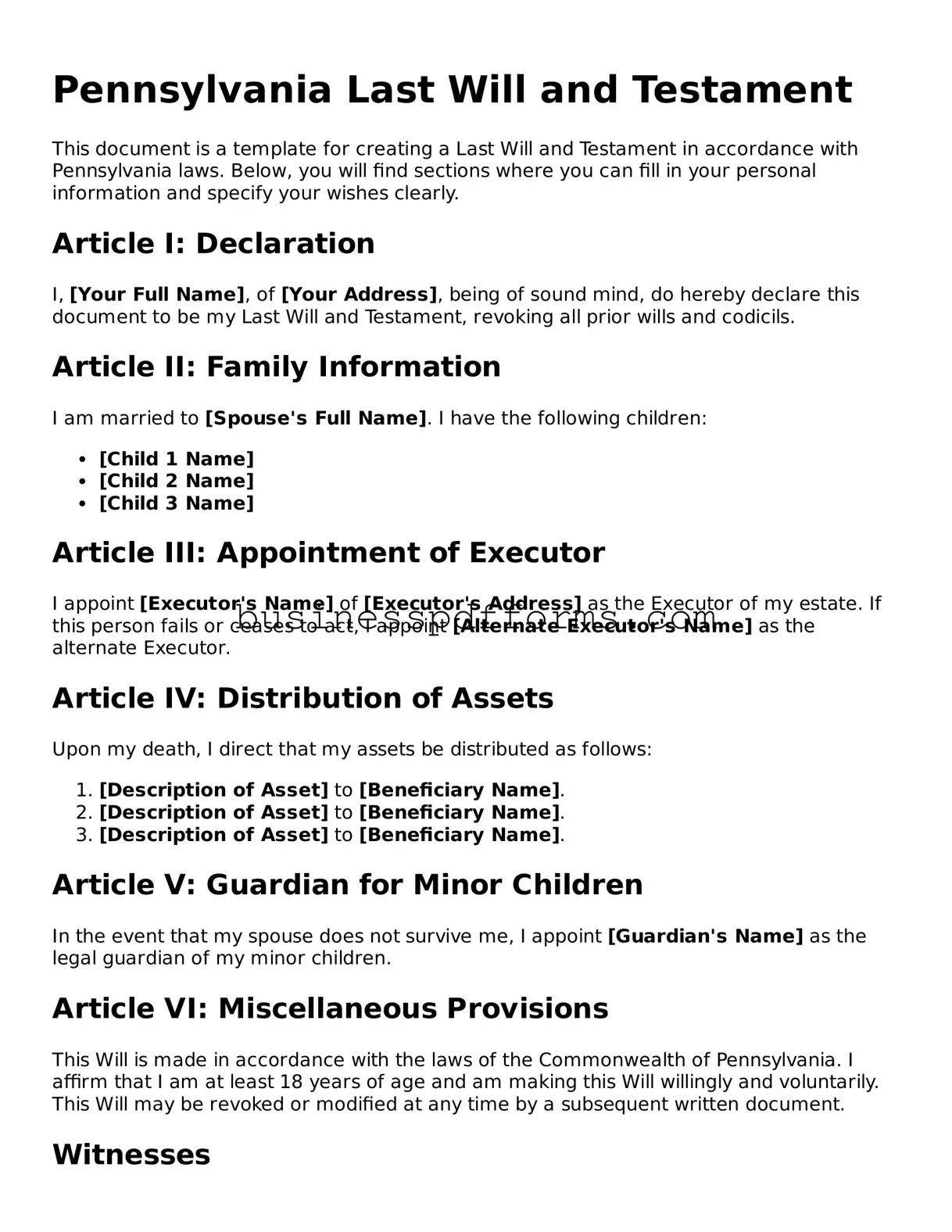 Free Pennsylvania Last Will and Testament Template