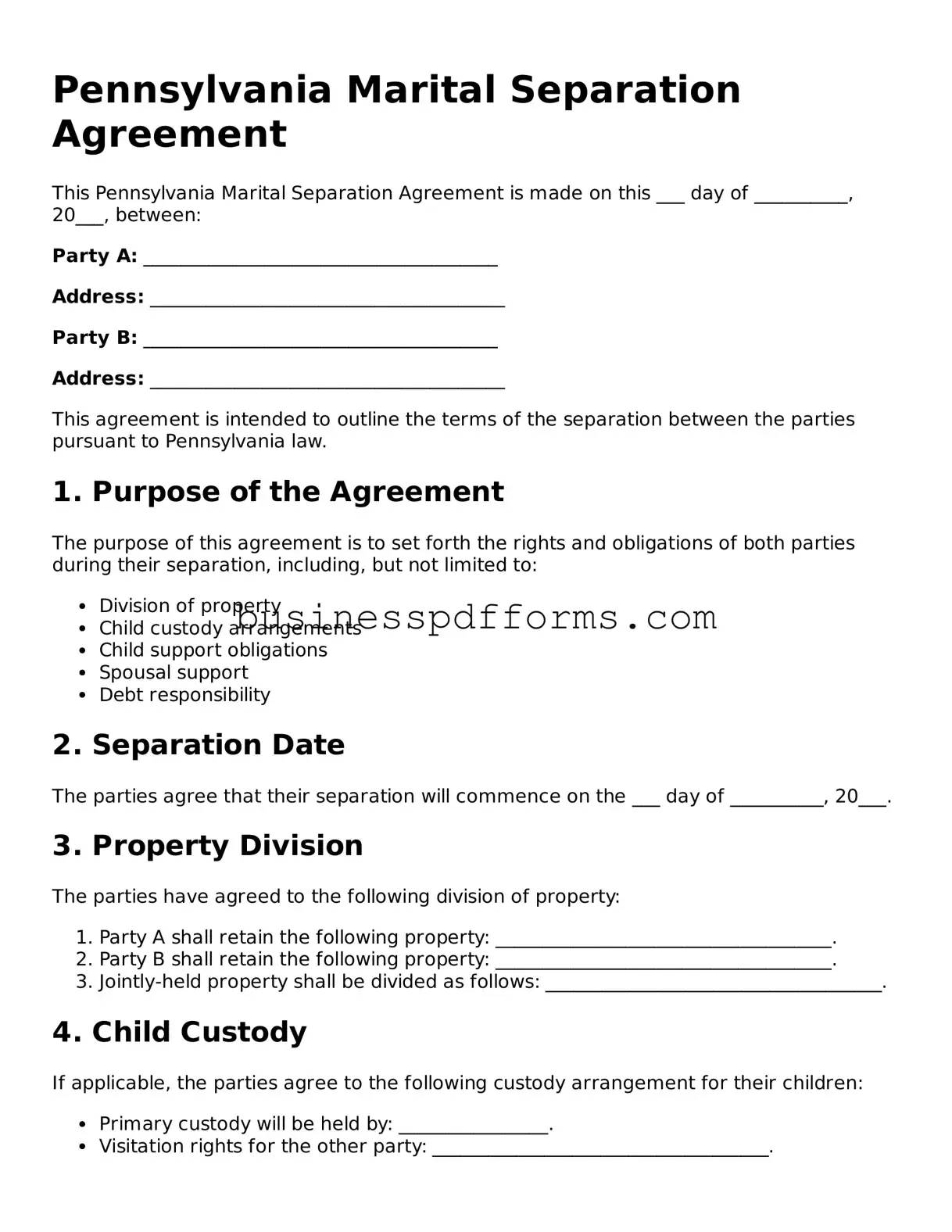 Free Pennsylvania Marital Separation Agreement Template