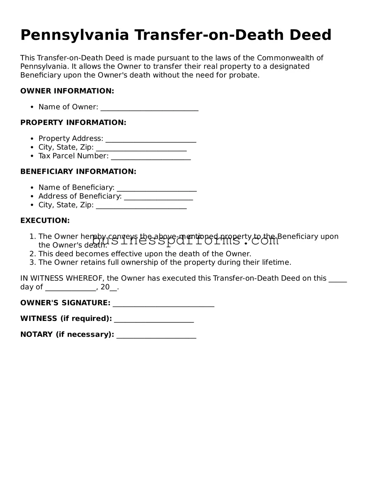 Free Pennsylvania Transfer-on-Death Deed Template