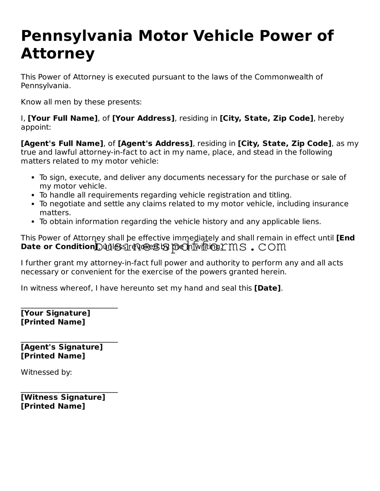 Free Pennsylvania Motor Vehicle Power of Attorney Template