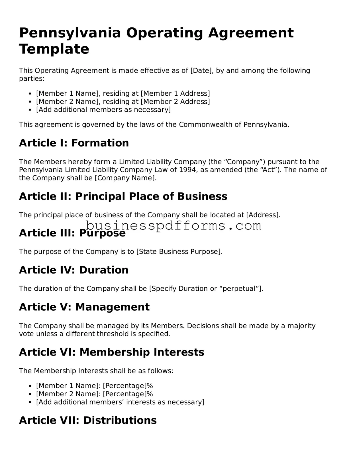 Free Pennsylvania Operating Agreement Template