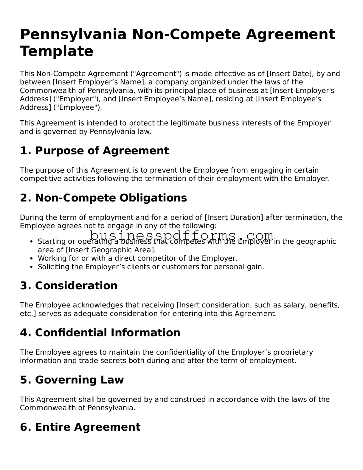 Free Pennsylvania Non-compete Agreement Template