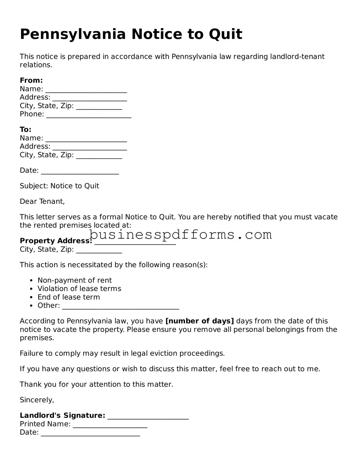 Free Pennsylvania Notice to Quit Template