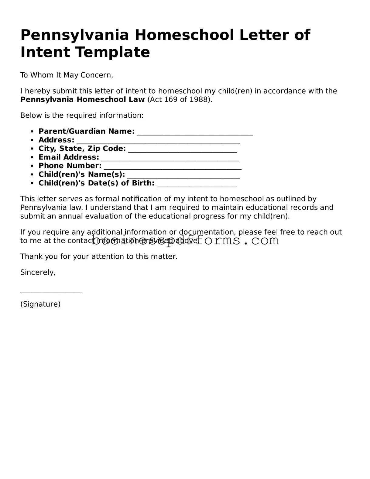Free Pennsylvania Homeschool Letter of Intent Template