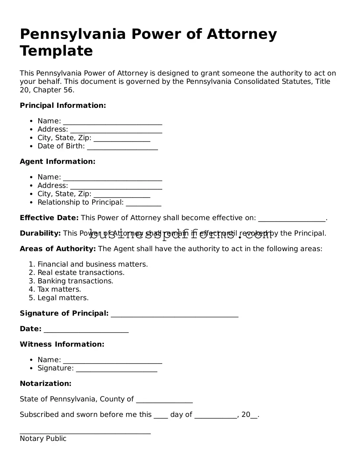 Free Pennsylvania Power of Attorney Template