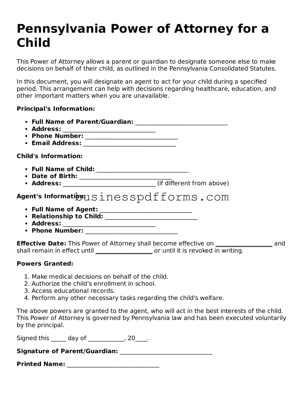Free Pennsylvania Power of Attorney for a Child Template