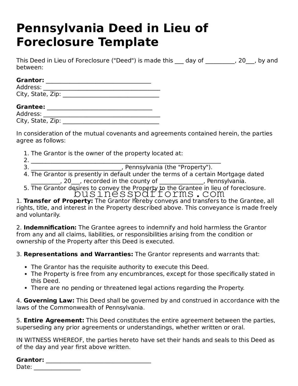 Free Pennsylvania Deed in Lieu of Foreclosure Template