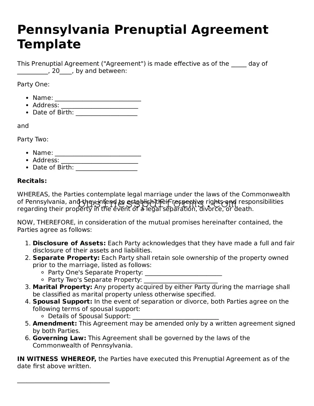 Free Pennsylvania Prenuptial Agreement Template