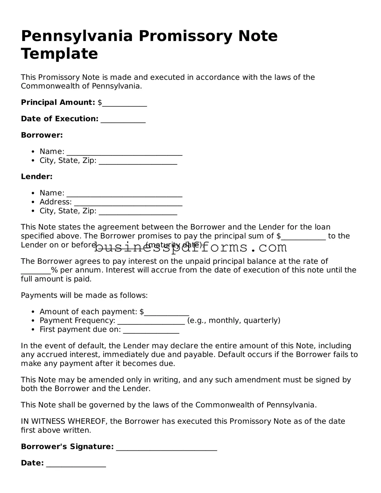 Free Pennsylvania Promissory Note Template