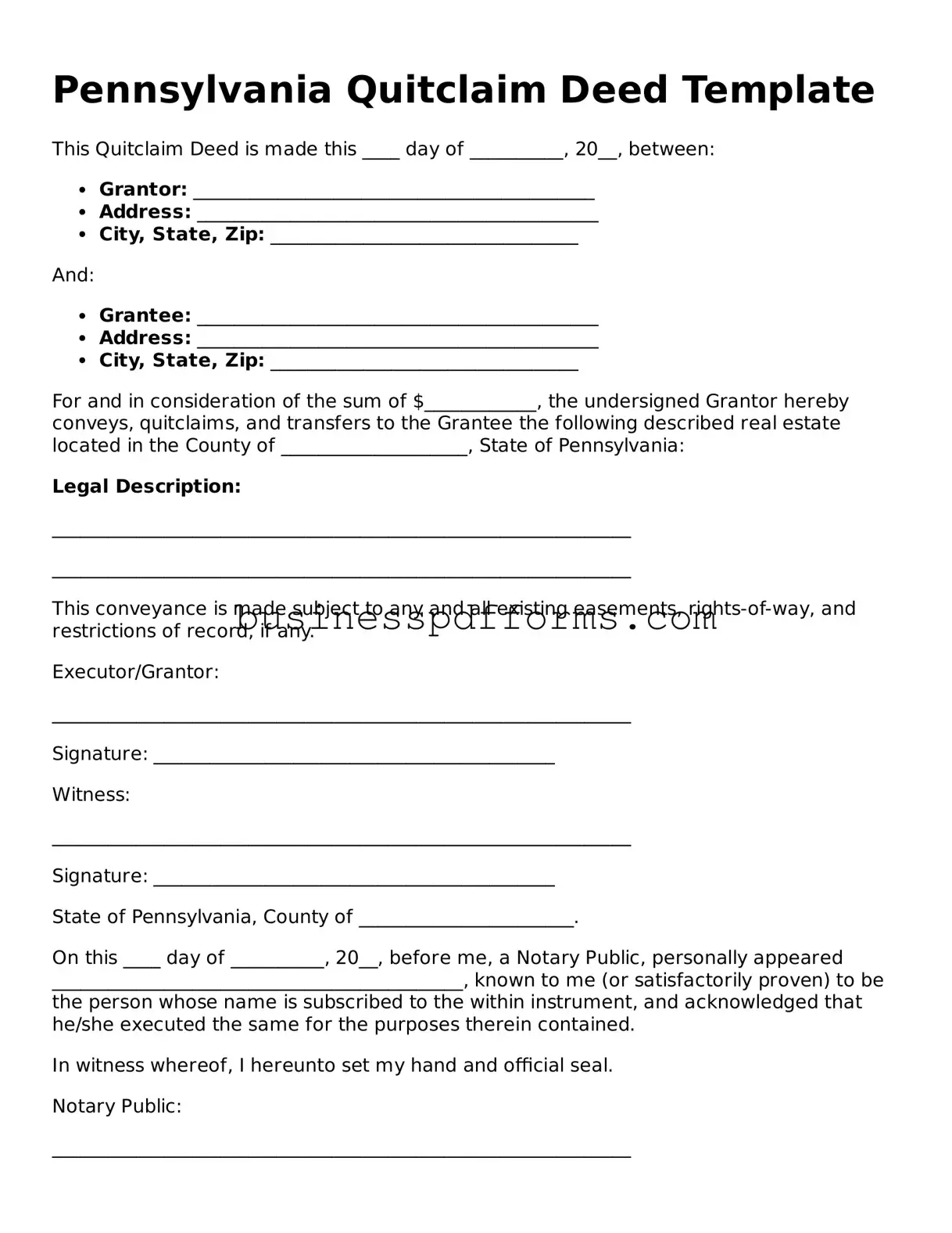 Free Pennsylvania Quitclaim Deed Template