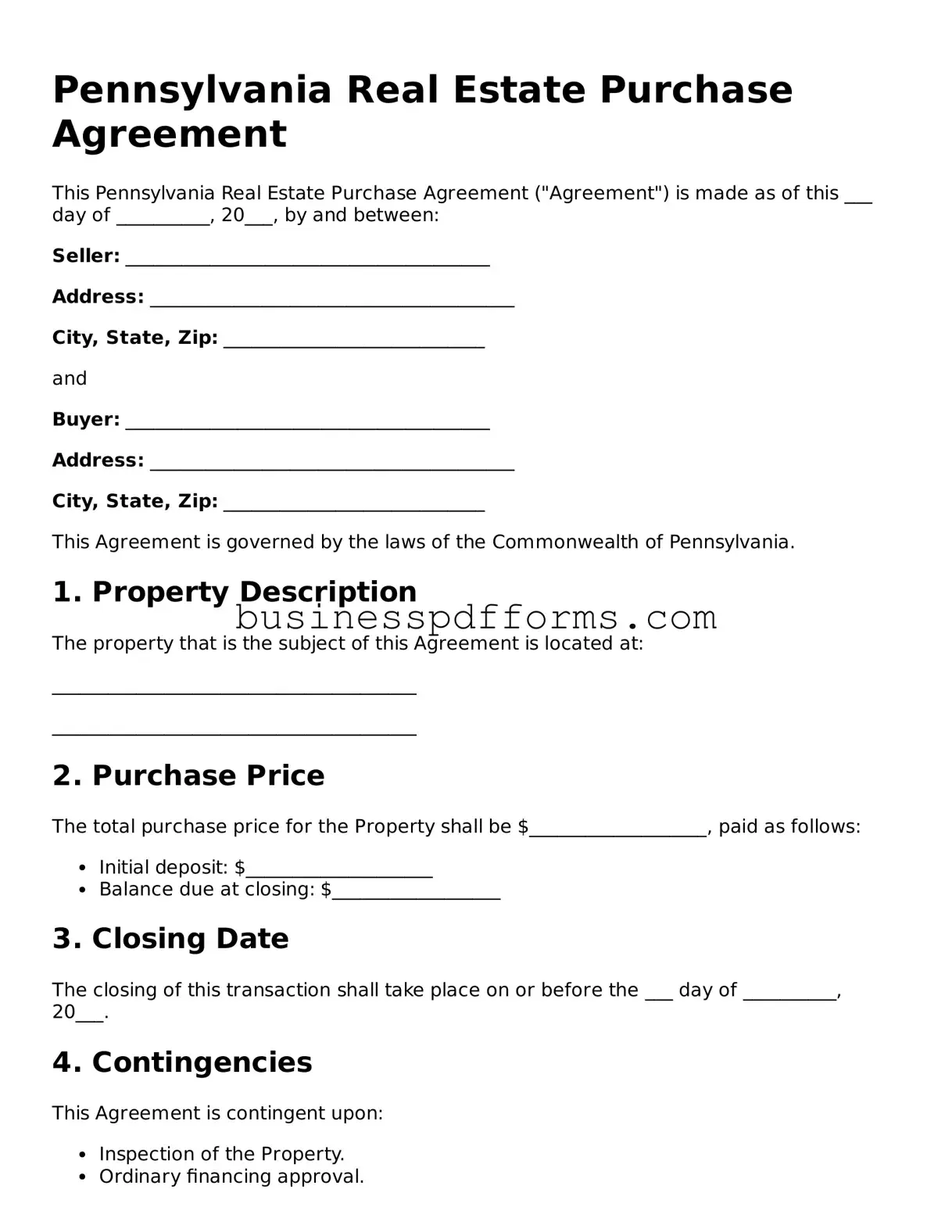 Free Pennsylvania Real Estate Purchase Agreement Template