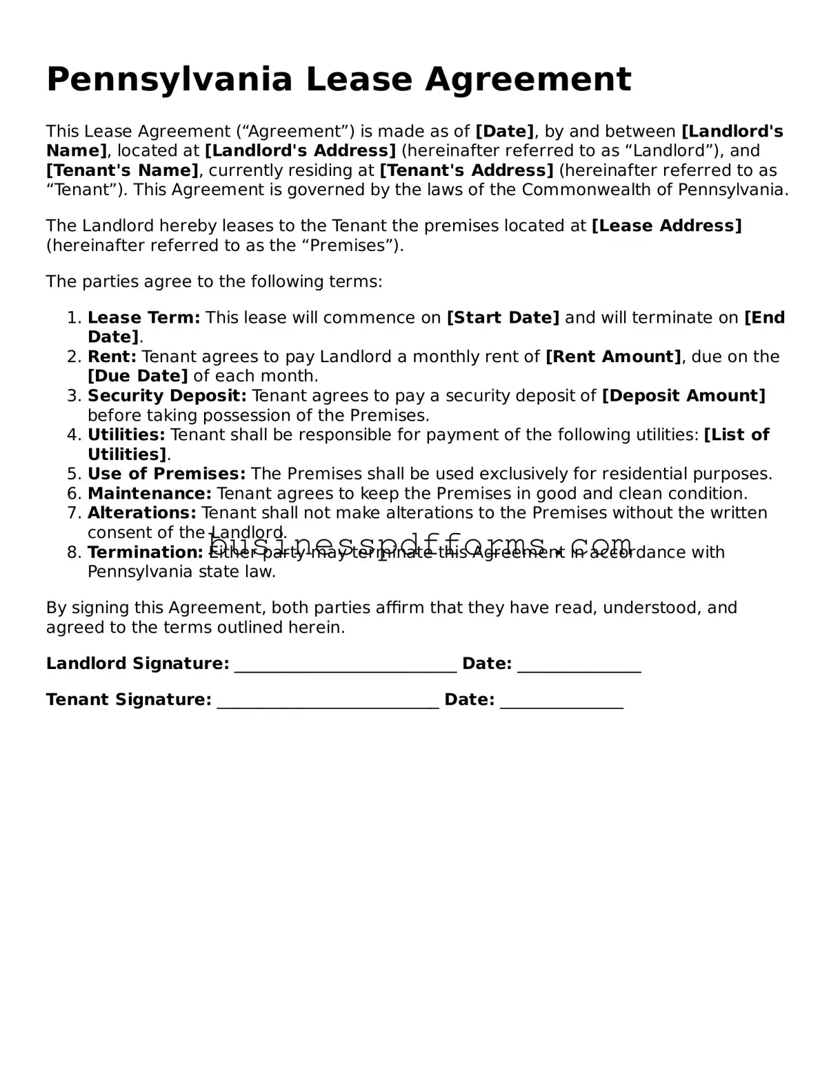 Free Pennsylvania Lease Agreement Template