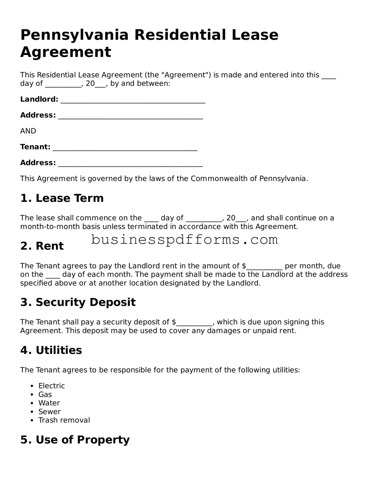 Free Pennsylvania Residential Lease Agreement Template