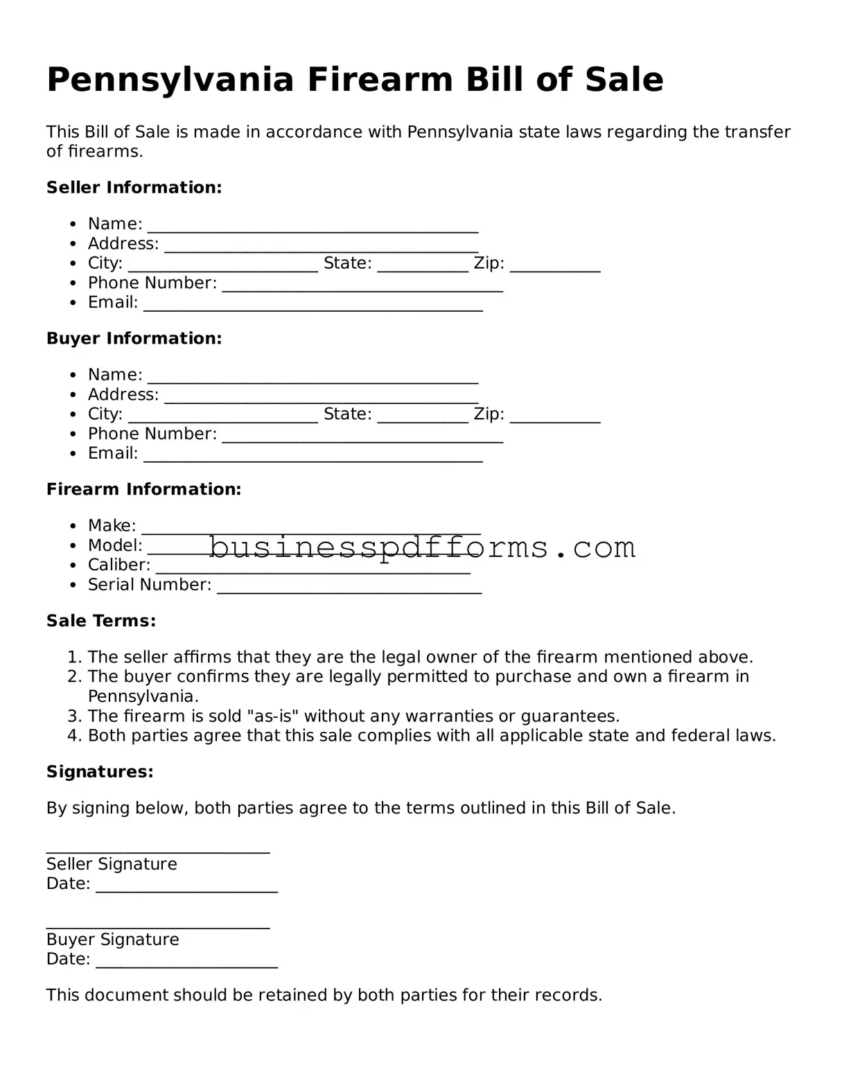 Free Pennsylvania Firearm Bill of Sale Template