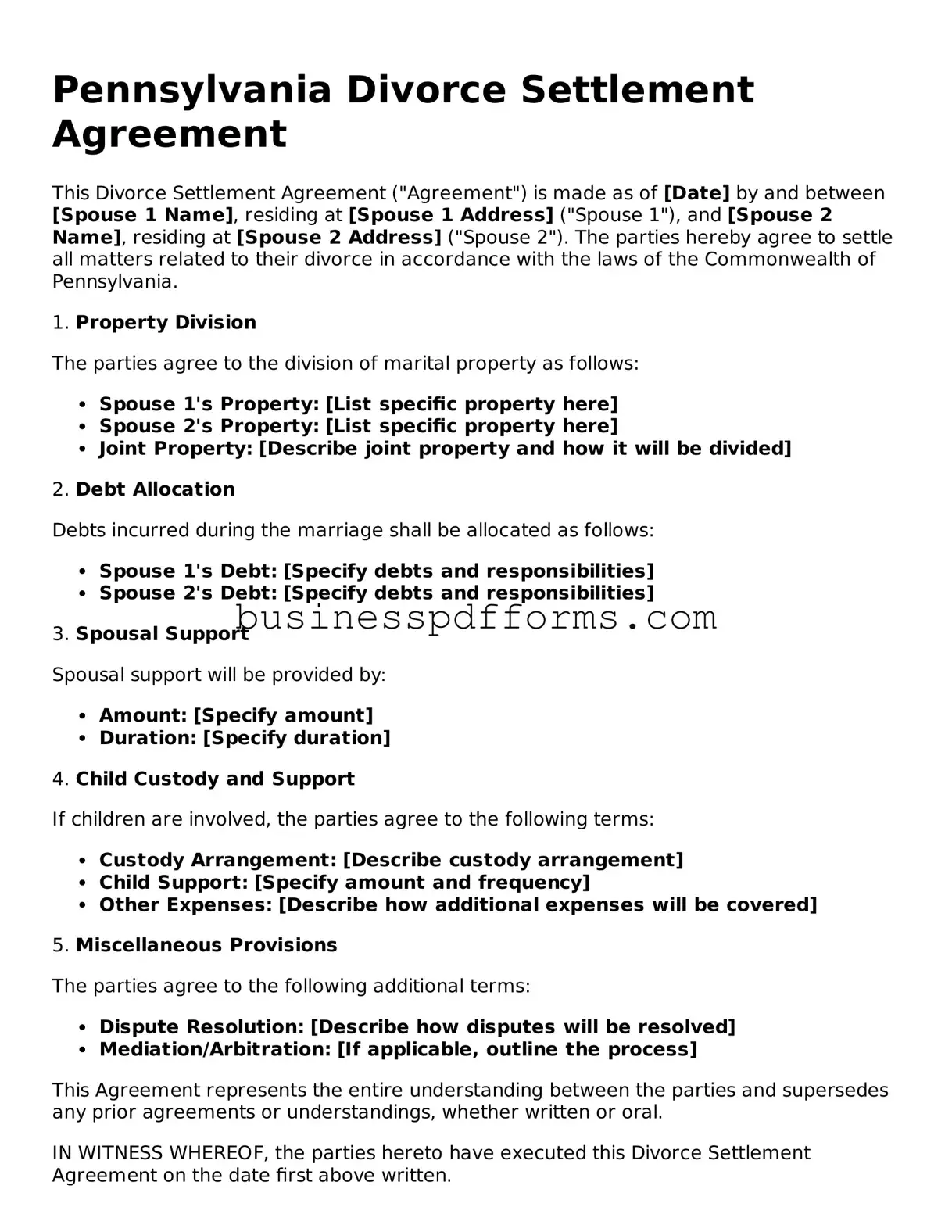 Free Pennsylvania Divorce Settlement Agreement Template