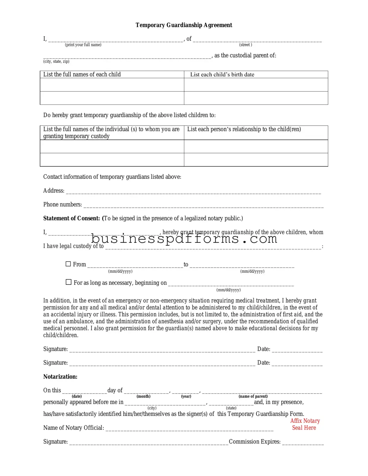 Fill in Your Temporary Custody Template